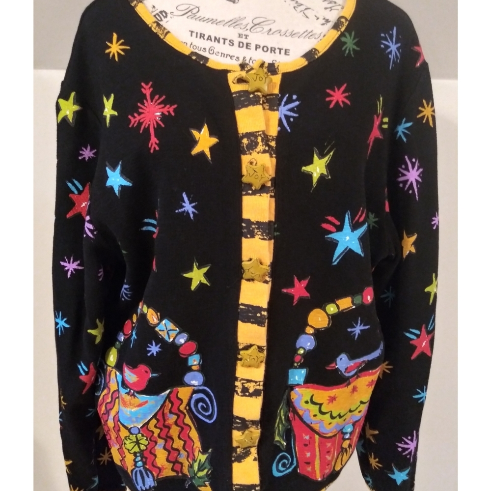 VINTAGE SPORT ELLE 90s VIBRANT COLORFUL STAR FESTIVE CARDIGAN SWEATER | L
